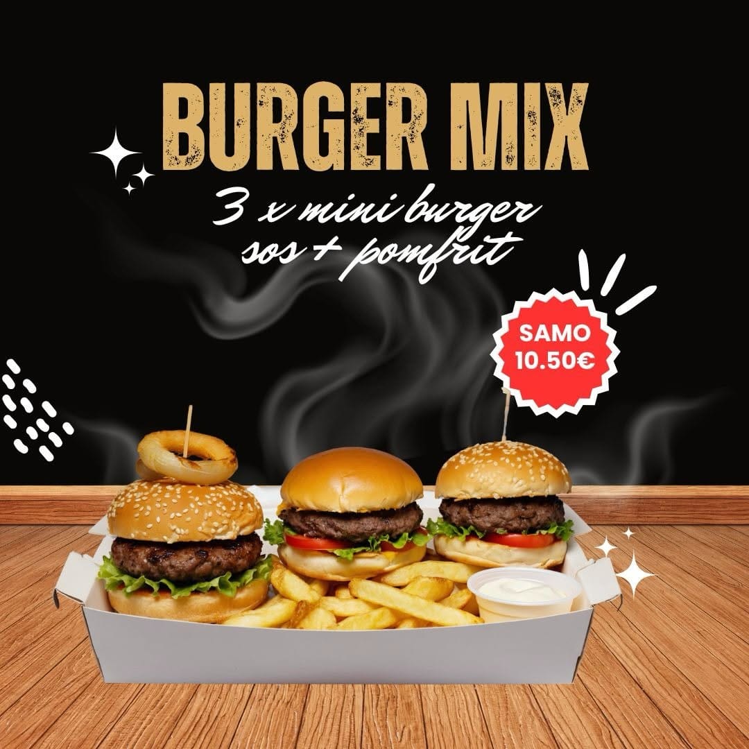 Burger Mix Crispy Food House: tri mini burgera, pomfrit i sos u kartonskoj kutiji.